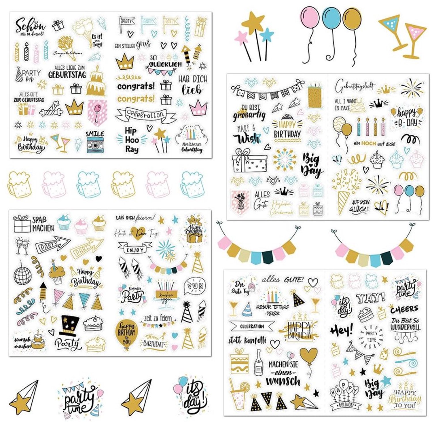 Verjaardagsstickers Set van 4 Bladen met 225 Motieven