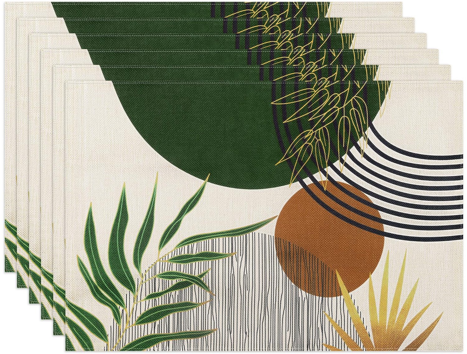 Boho Katoenen Tafelmatten Set van 6 - Geometrisch Ontwerp in Groene Kleur voor Eetkamer