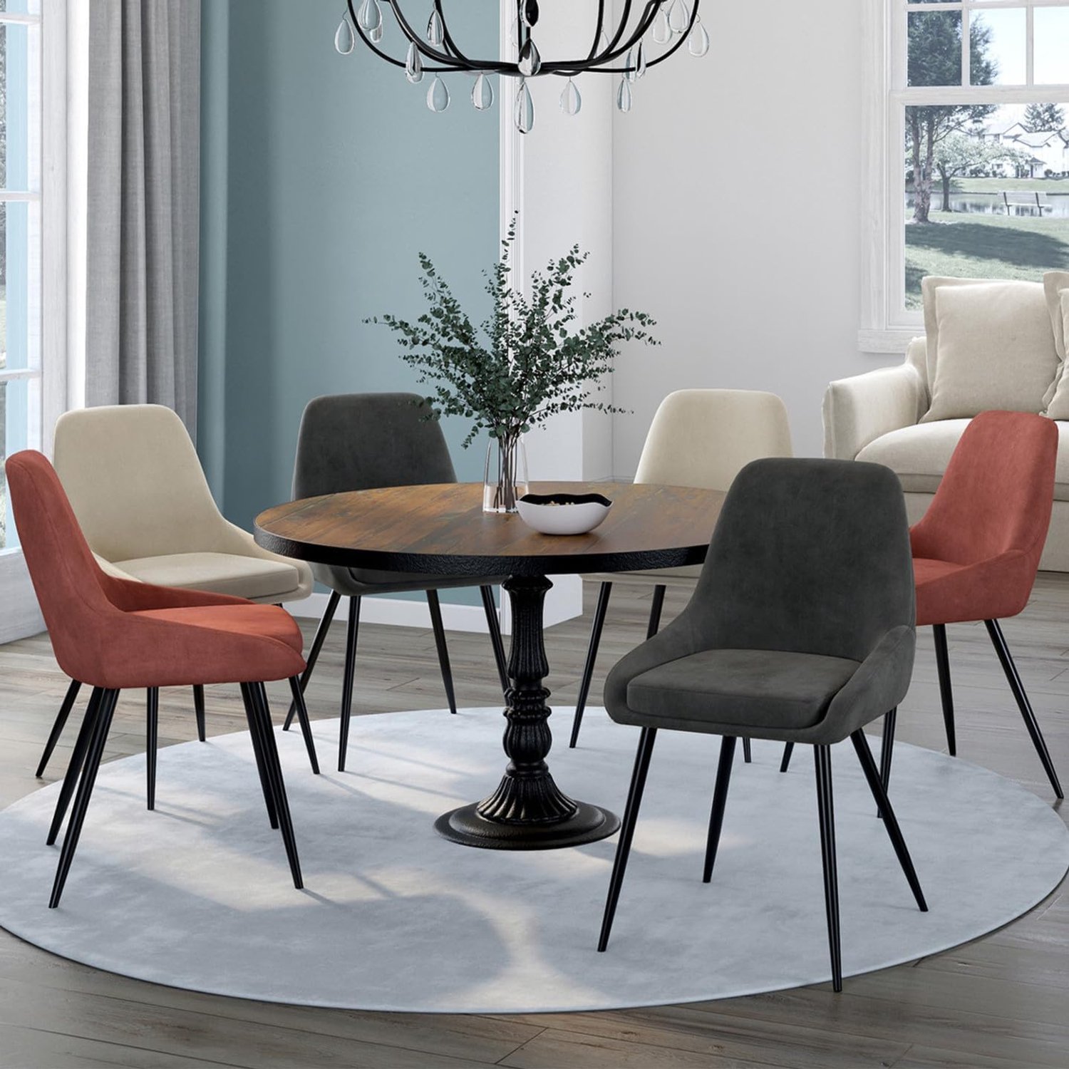 THALYA Velvet Eetkamerstoelen Set van 6 met Halve Armleuningen – Moderne Fluwelen Stoelen in Donkergrijs, Terracotta en Beige – Zwarte Metalen Poten