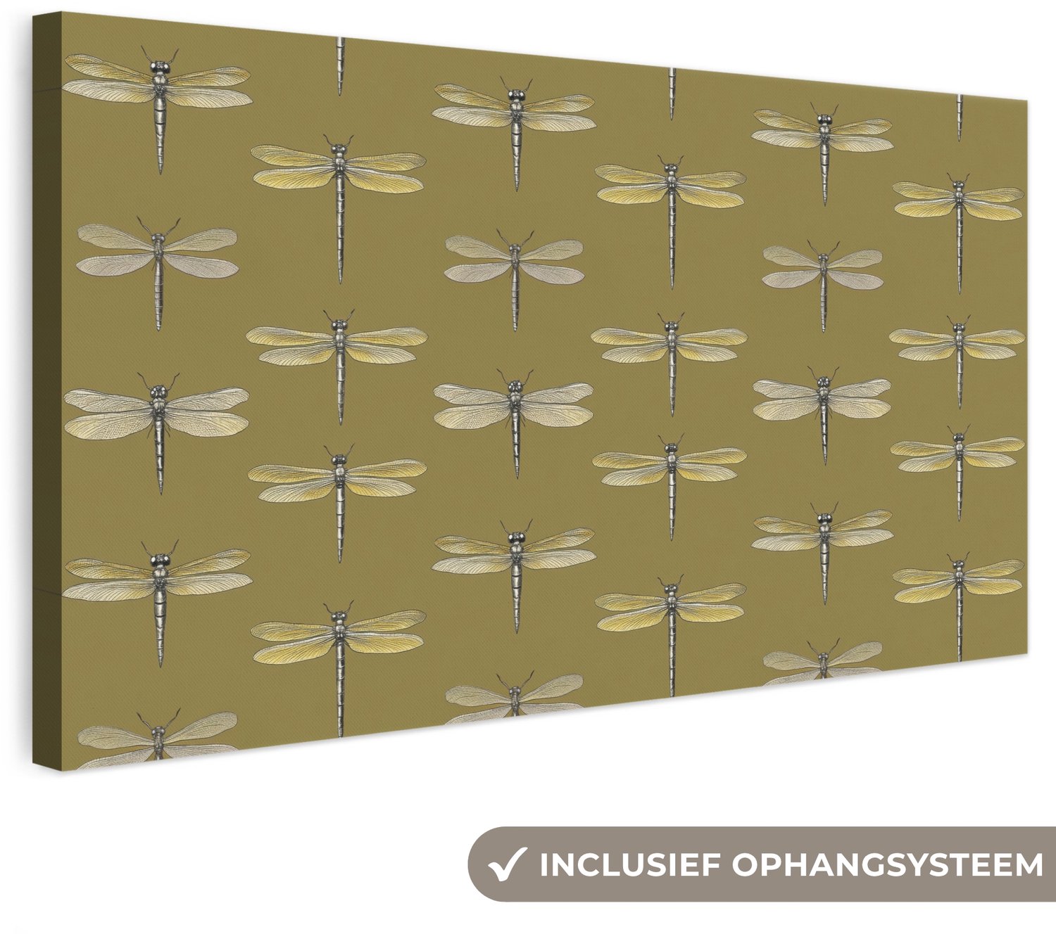 Canvas schilderij 100x50 cm - Exclusieve wanddecoratie Libellen - Patroon - Groen - Muurdecoratie woonkamer - Slaapkamer decoratie - Kamer accessoires - Schilderijen op canvas groot XXL