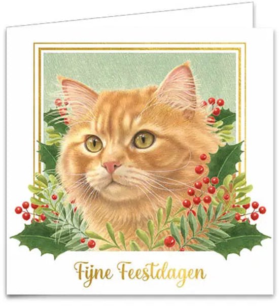 Kerstkaart met een portret van een rode kat omringd door hulst en bessen, tekst Fijne Feestdagen onderaan.