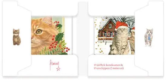 Set van 10 kerstkaarten met kattenmotieven, inclusief 10 enveloppen in een witte open verpakking.