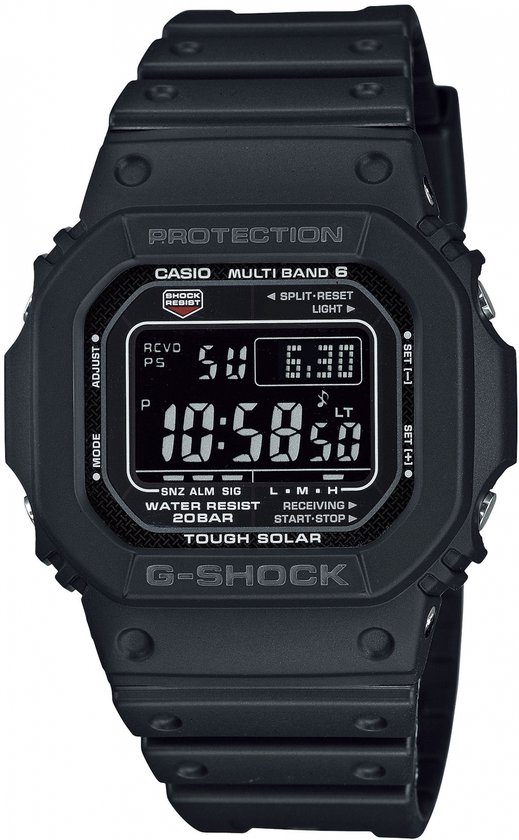 Zwarte Casio G-Shock met digitaal display en robuuste band. Toont 10:58:50.