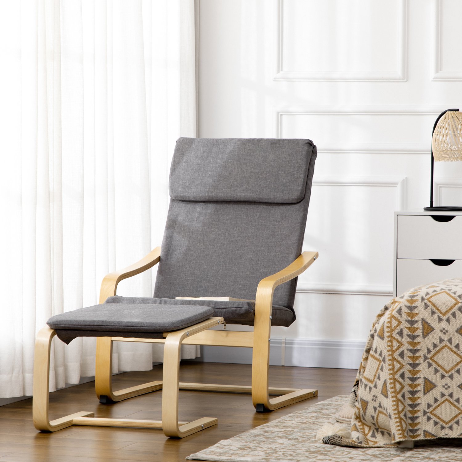 MIVRAY Fauteuil 66,5 x 80 x 99 cm - Met Losse Voetenbank en Armleuningen - Voor Woonkamer en Slaapkamer - Hout en Linnenlook - Grijs