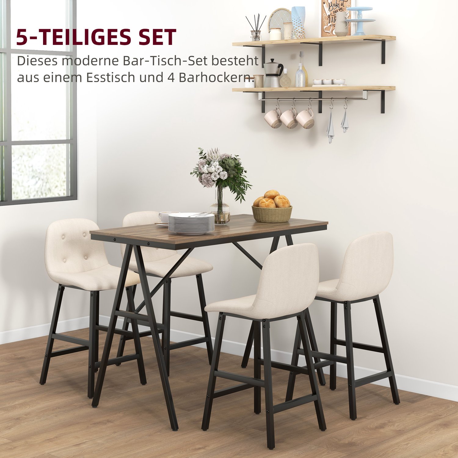 Barset - 5 - delig - tafel en 4 stoelen - knoopdetails - dikke bekleding - linnenlook - beige