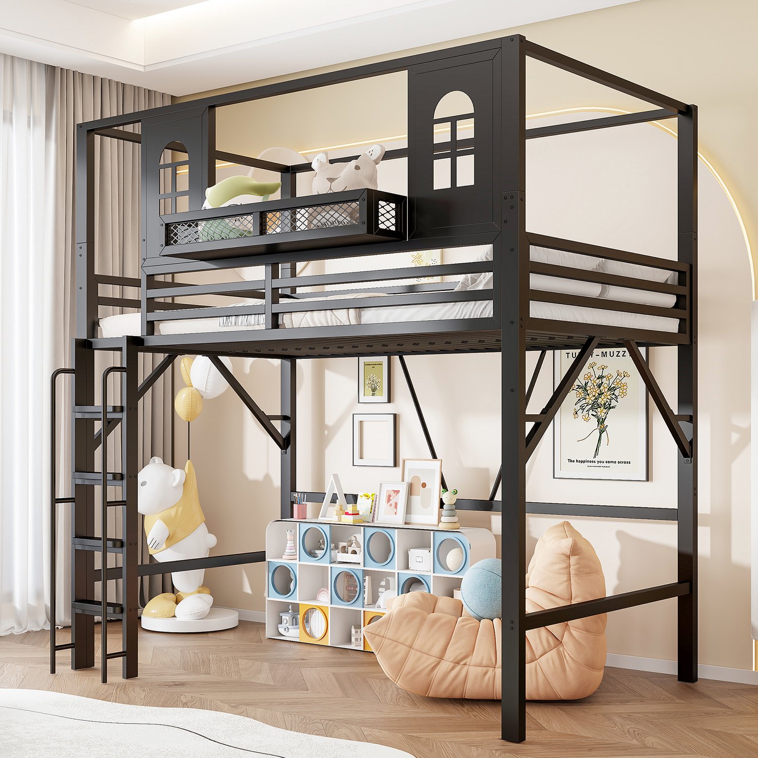 WUVRIE Kinderhoogslaper 90x200 cm - Huisdesign met ladder en opbergrek - Zwart