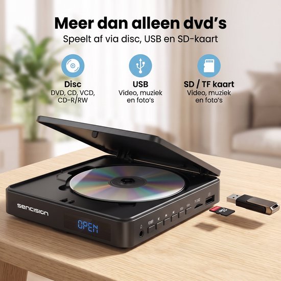 Sencision Mini DVD Speler met HDMI - Regiovrij - Full HD 1080P - CD en DVD Speler voor TV - USB & MicroSD - Incl. Afstandsbediening & Kabels - Zwart — afbeelding 5