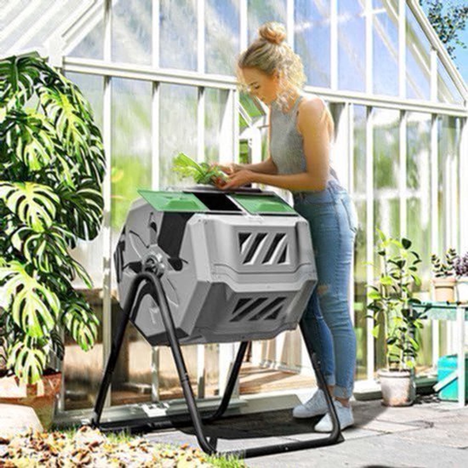 Compostbak – Compostcontainer – Compostton – Compostvat – Composteerbak – 2-Kamer Systeem – 160L Capaciteit – Draaibare Trommel – Grijs Groen Zwart