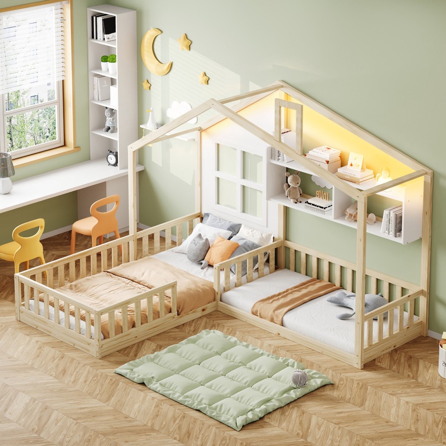 KOMHTOM Kinderbed - 90x200 cm - Massief hout - Houtkleur - LED-lichtstrip - Lattenbodem - Planken - LED-verlichting - Veiligheidshek Natuurlijk hout, Wit