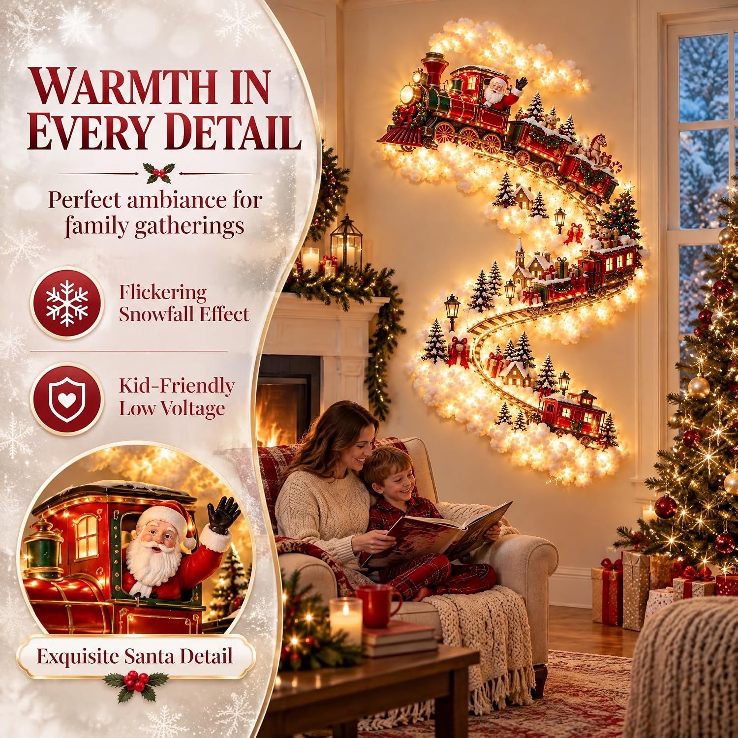 Kerstwandlamp - Warm wit LED - Verticale kerstwandlamp - Hangende decoratie met kerstman en trein - Waterval LED-wandlamp - Decoratieve kerstverlichting - Feestelijke sfeer - Kerstdecoratie - 44*88 cm - Ontwerp met kersttrein - Rood + Groen – foto 3