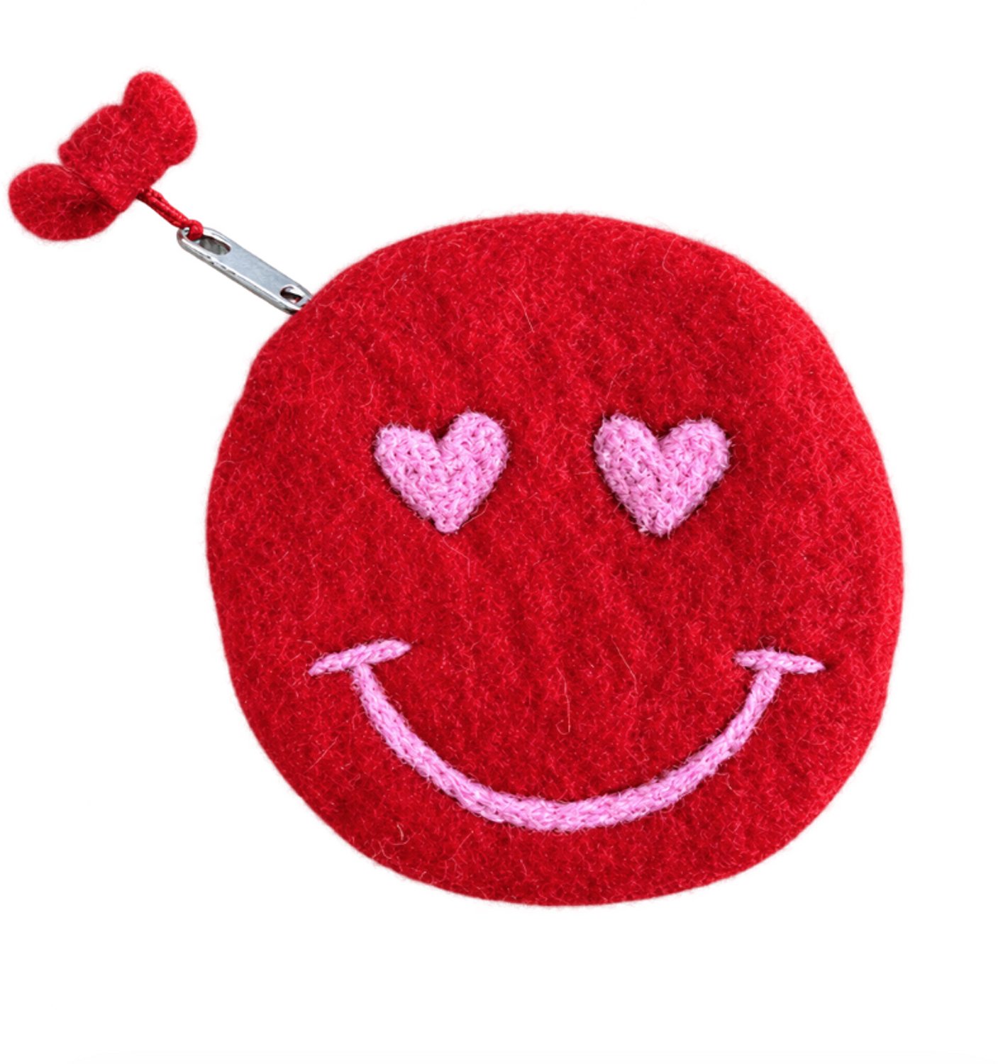 Luna-Leena portemonnee smiley - rood met roze - rond 11ø cm - 1 vak met rits - wol vilt - handgemaakt in Nepal - kids wallet - retro cadeau - verjaardag - sinterklaascadeau - kinderportemonnee