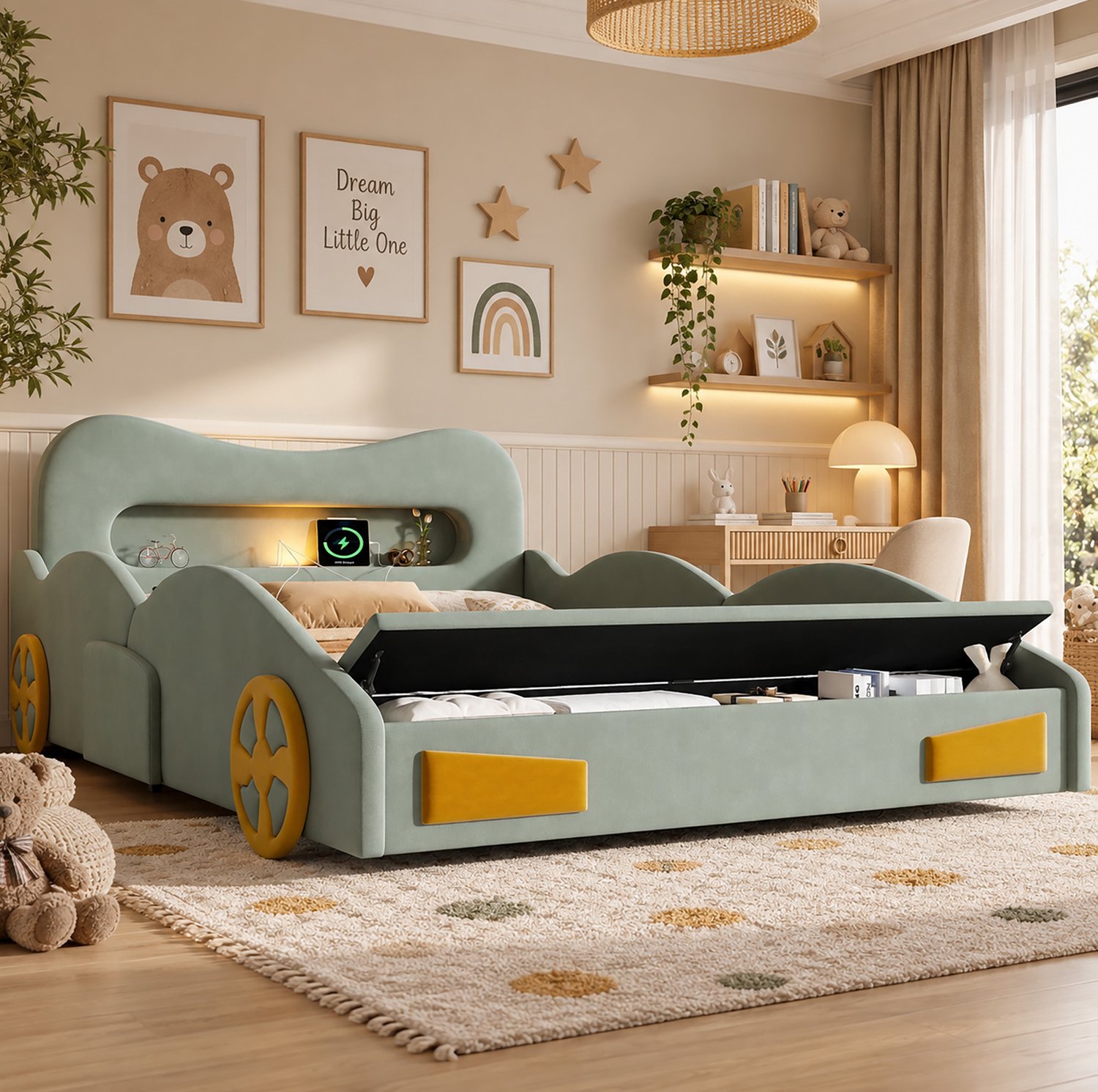 OKWISH Kinderbed 140x200cm - Autobed met Leeslamp en Oplaadaansluiting - Opbergruimte aan het Voeteneind - Fluweel - Groen - Zonder Matras
