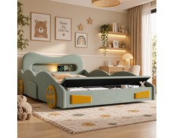 Kinderbed 140x200cm - Autobed met Leeslamp en Oplaadaansluiting - Opbergruimte aan het Voeteneind - Fluweel - Groen - Zonder Matras