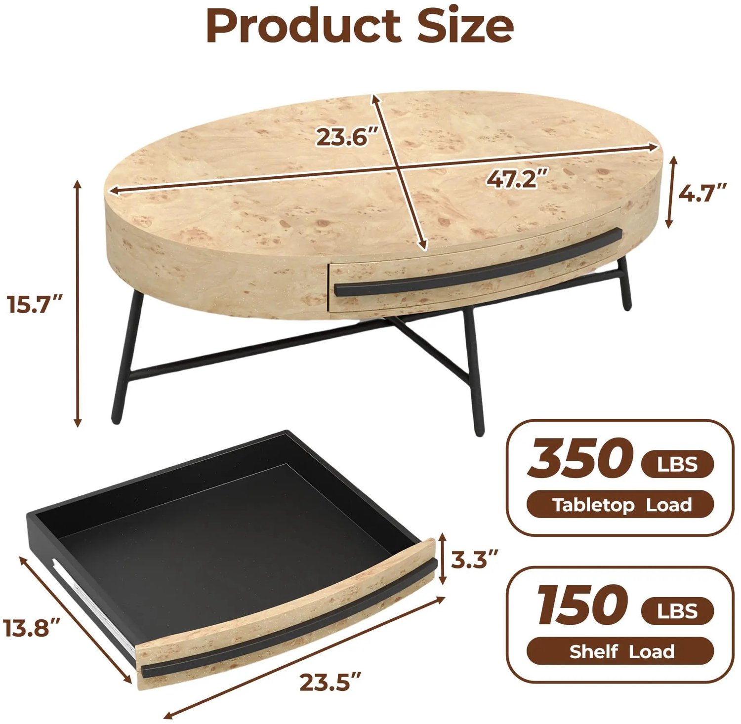Gudalio Salontafel - Bijzettafel - Koffietafel - Banktafel - Modern - Opbergruimte - Metalen Frame - Hout - 120x60x40 cm - Ovaal Bruin