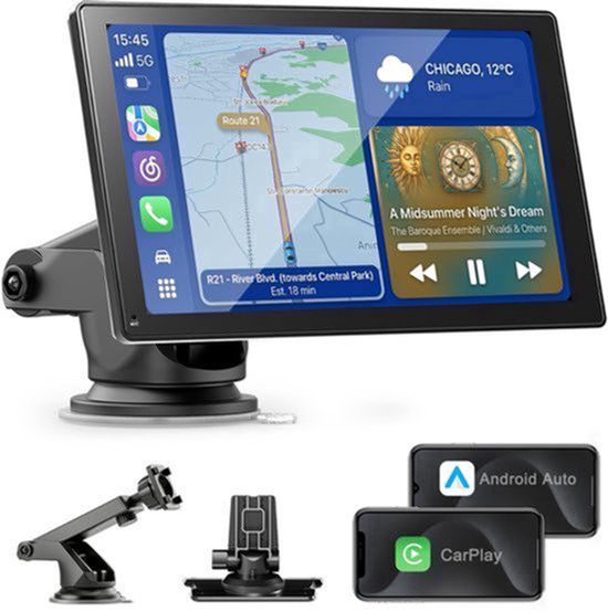 Draagbaar CarPlay Scherm 9 Inch HD - Draadloos Android Auto Bluetooth - GPS Navigatie FM Zender AUX - Auto Multimedia Display
