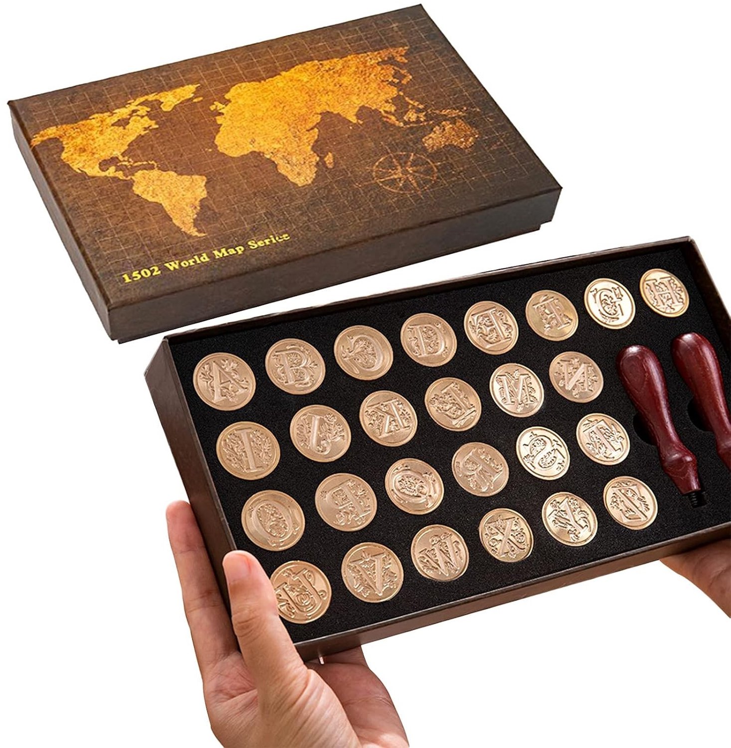 Complete Set voor Lijmzegels met 26 Alphabet Letters, Sealing Wax en 2 Houten Handvatten voor Kerst, Trouwen en Cadeauverpakking