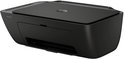Zwarte HP DeskJet all-in-one printer in hoekaanzicht met platte bovenkant en papieruitvoerlade.