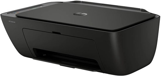 Zwarte HP DeskJet all-in-one printer in hoekaanzicht met platte bovenkant en papieruitvoerlade.