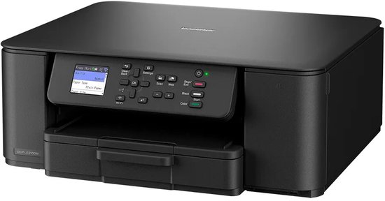 Zwarte Brother-printer, schuin vooraanzicht met zichtbaar modelnummer DCP-J1310W op de behuizing.