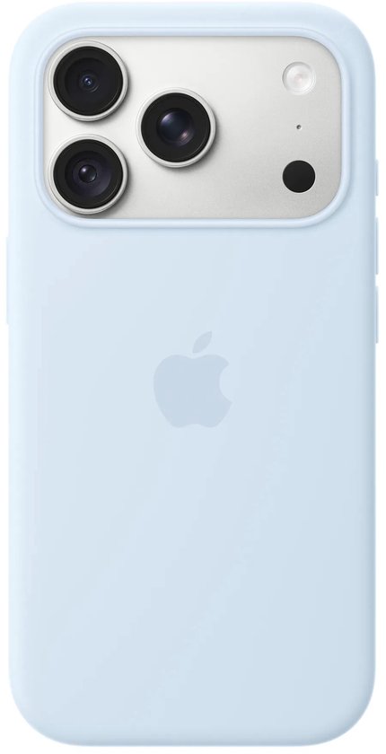 Lichtblauw siliconen hoesje met zilveren cameramodule en Apple-logo op de achterkant.