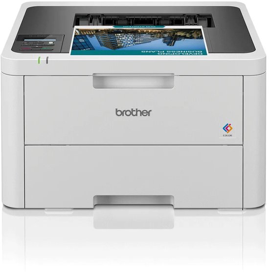 Witte Brother-printer die een document met een stadsgezicht afdrukt, met grijs bedieningspaneel en 'COLOR'-logo.