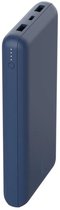 Zijaanzicht van een blauwe Belkin powerbank met LED-laadindicator en een ronde aan/uit-knop.
