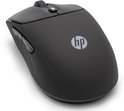 Zwarte draadloze HP-muis, bovenaanzicht met HP-logo, scrollwiel en zijknoppen.