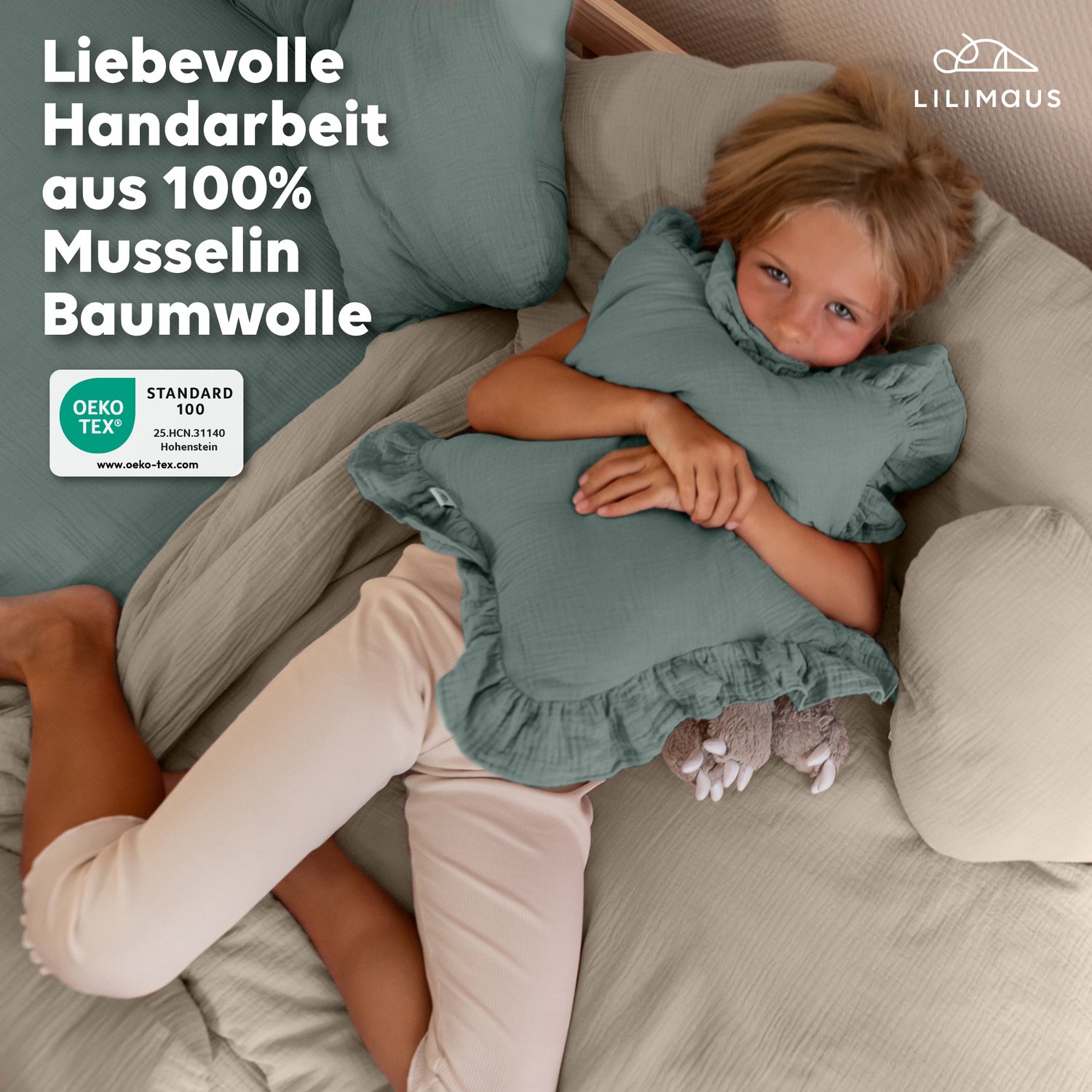 LILIMAUS Sierkussen hart - mousseline katoen - lichtbeige
