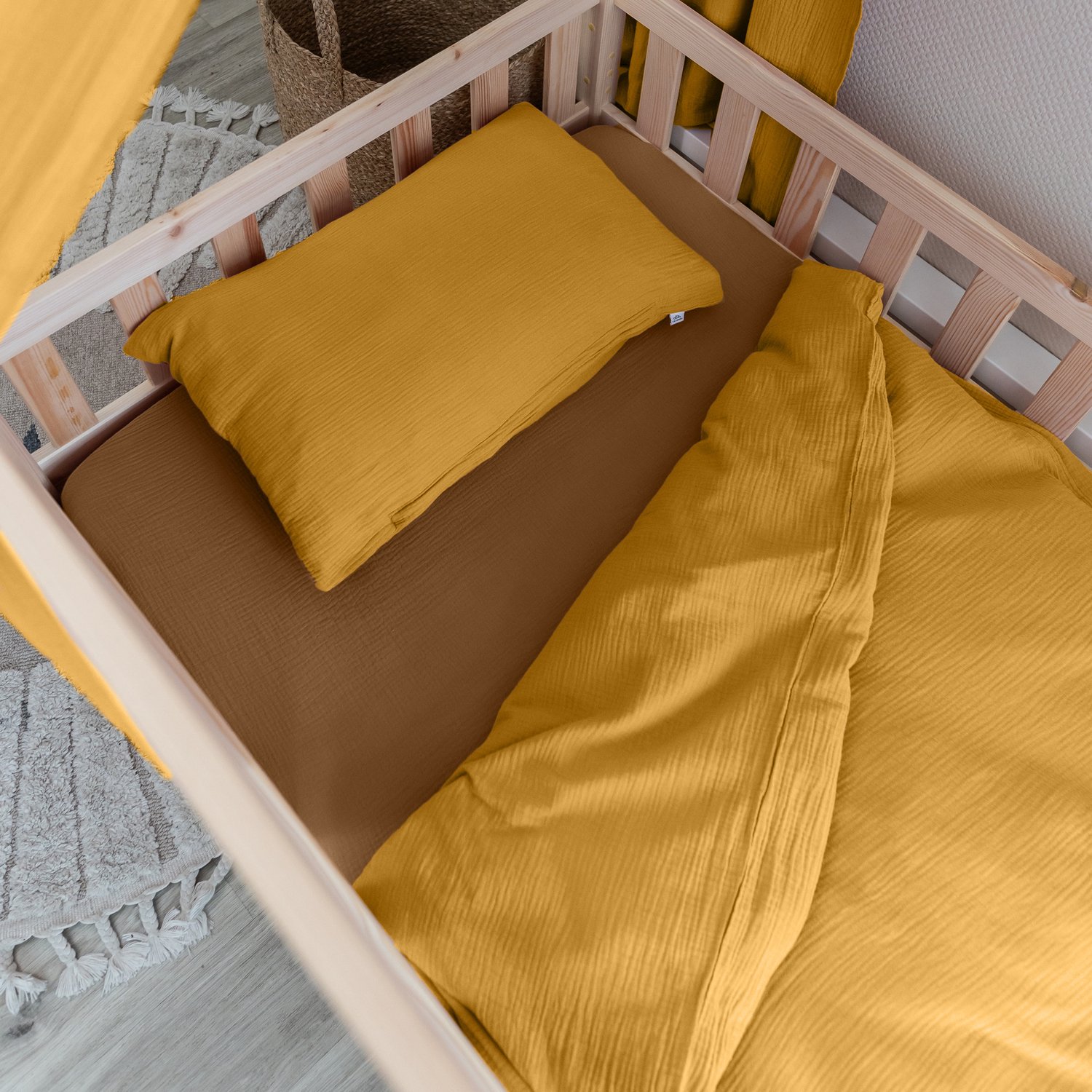 LILIMAUS Kinderdekbedovertrek 100 x 135 cm met kussensloop 40 x 60 cm - mousseline katoen - geel