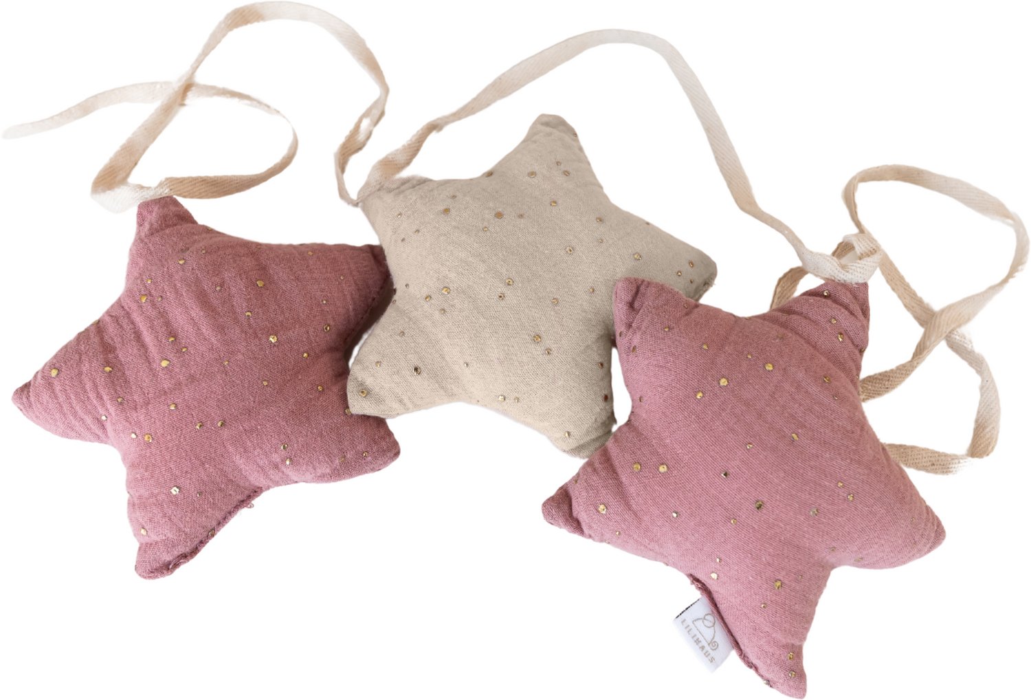 LILIMAUS Sterren slinger kinderkamer met gouden details - stoffen slinger van mousseline katoen - 300 cm - roze en lichtbeige