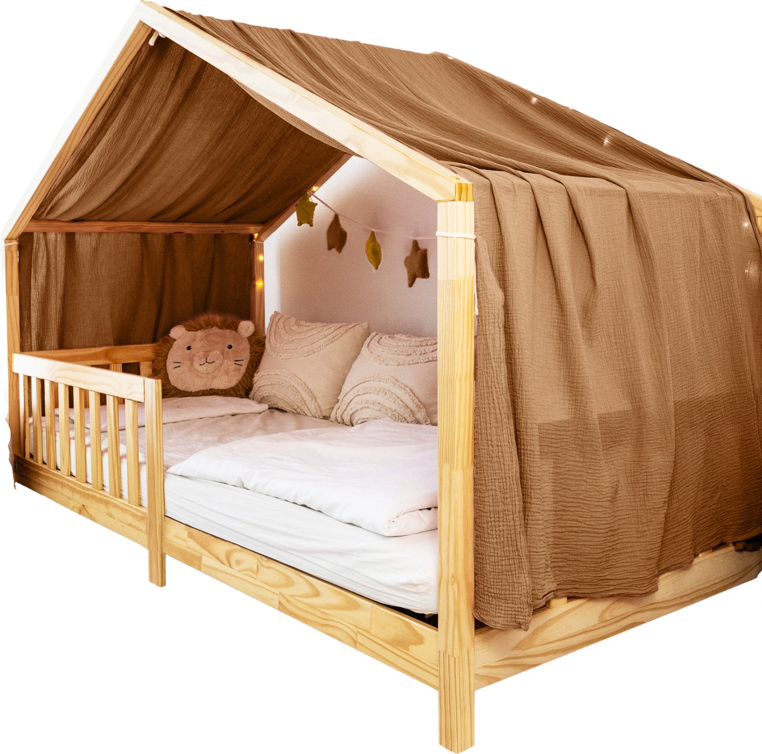 LILIMAUS Huisbed hemeltje uit één stuk met gouden details - bedhemel voor huisbed - 135 x 360 cm - mousseline katoen - bruin