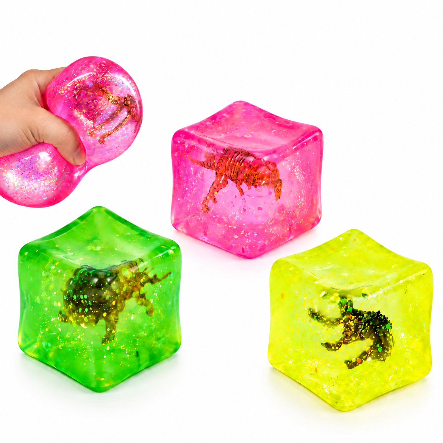 Squishy Cube Dino – Zachte Stressbal Fidget Toy – Slow Rising – Kleuren assortiment