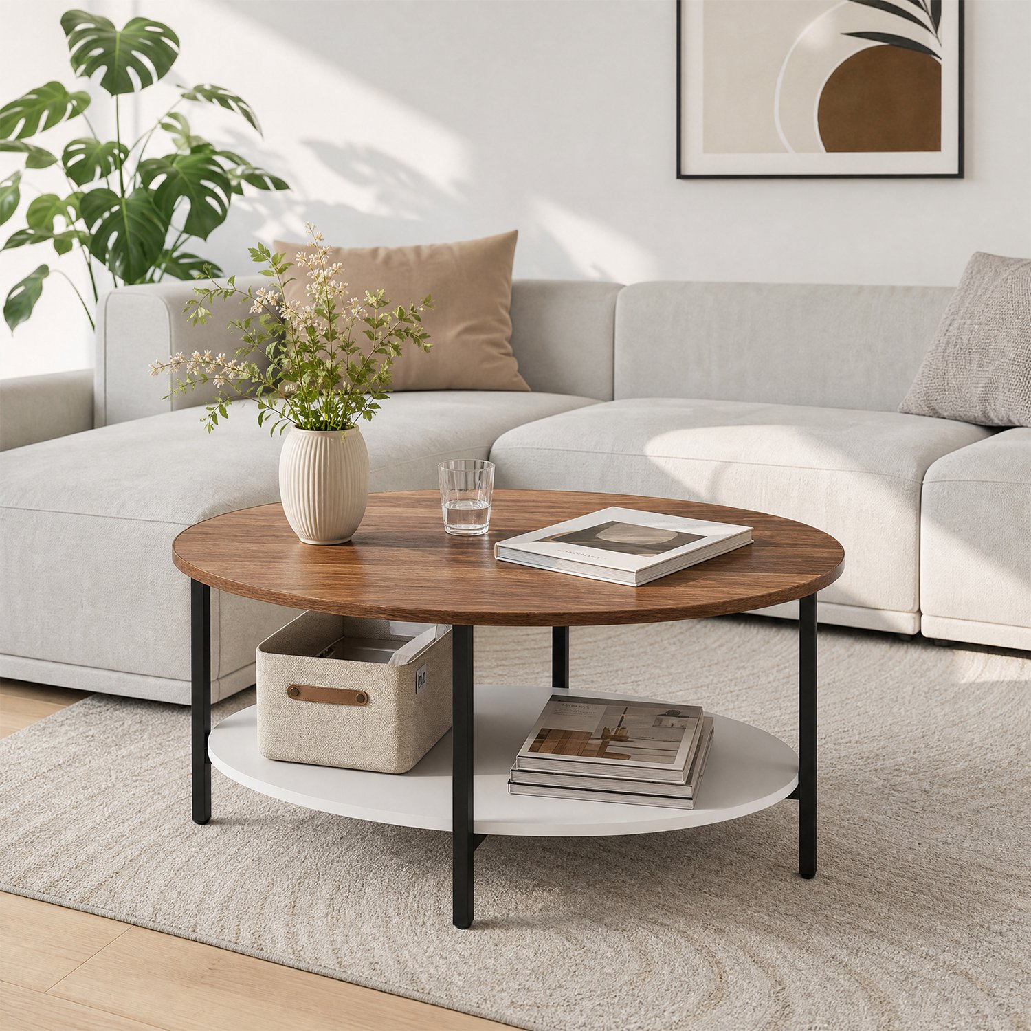 PIPIPOXER Ronde Salontafel -Dubbele laag- Kleine Salontafel- Woonkamer Bijzettafel - Tafel - Bijzettafels -90 x 60 x 37 cm - Bruin WIt