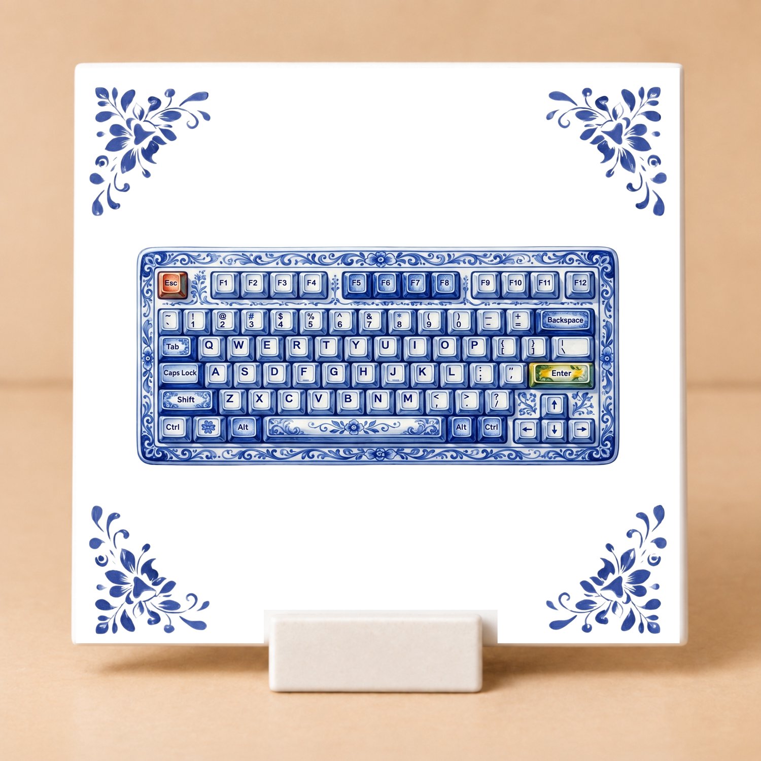 Bedruk King Delftsblauw Tegeltje 11x11 Toetsenbord met Houdertje – Cadeau voor Gamer, Programmeur of Computerfan Wit