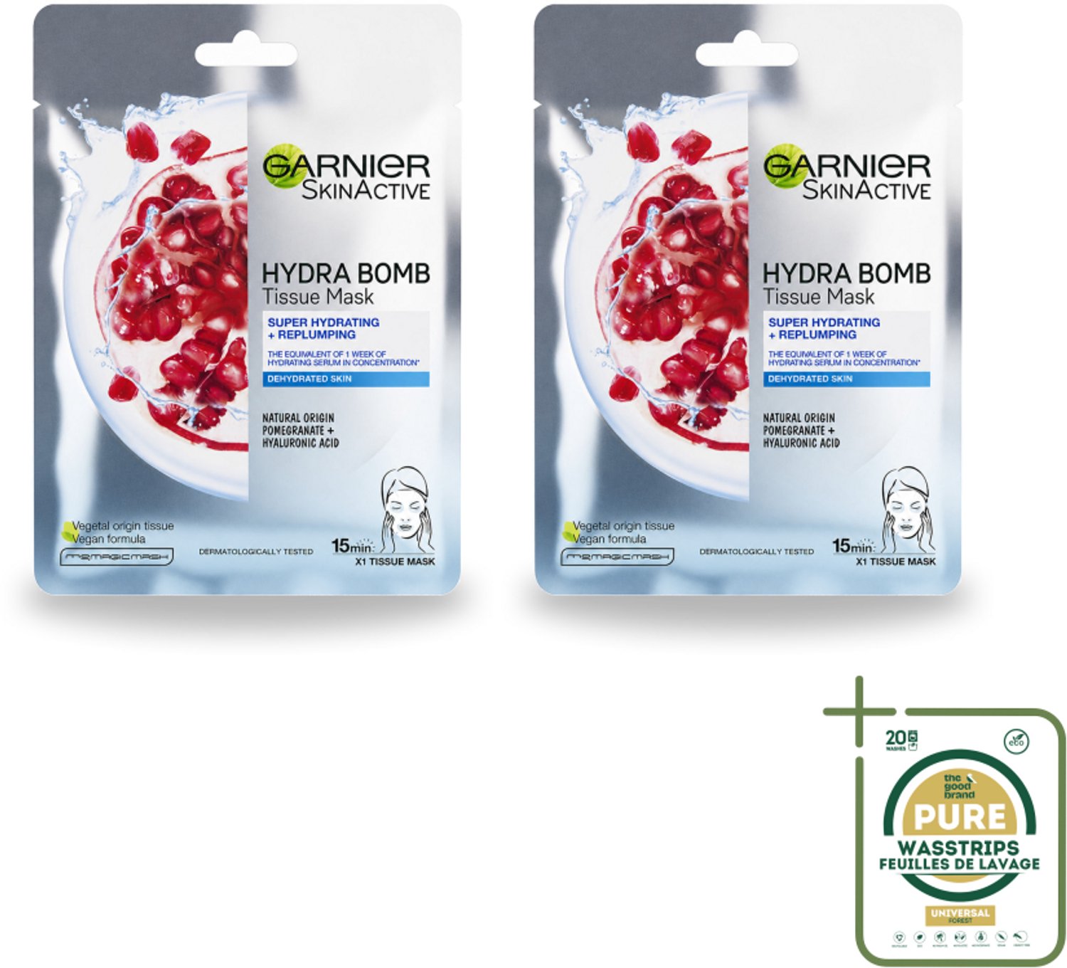2 x Garnier - SkinActive - Hydra Bomb Sheet Mask - Granaatappel - Gezichtsmasker - 1 Gezichtsreinigingsmiddel - Wasstrips - Gezichtsverzorging - Gezichtsmasker - Hydraat - Huidverzorging - Droge Huid
