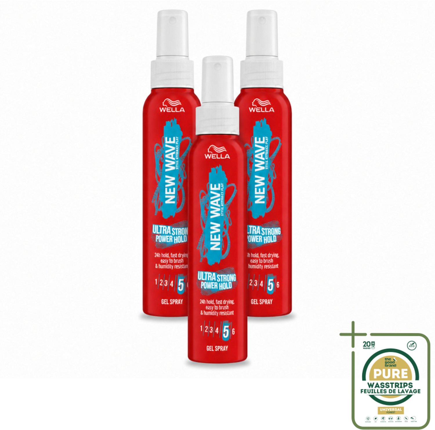 3 x Wella – New Wave Power Hold – Gelspray – 150 ml - Wasstrips - Haarspray - Krachtige Houding - Styling Spray - Haarspray Met Houding - Haarspray Met UV Bescherming