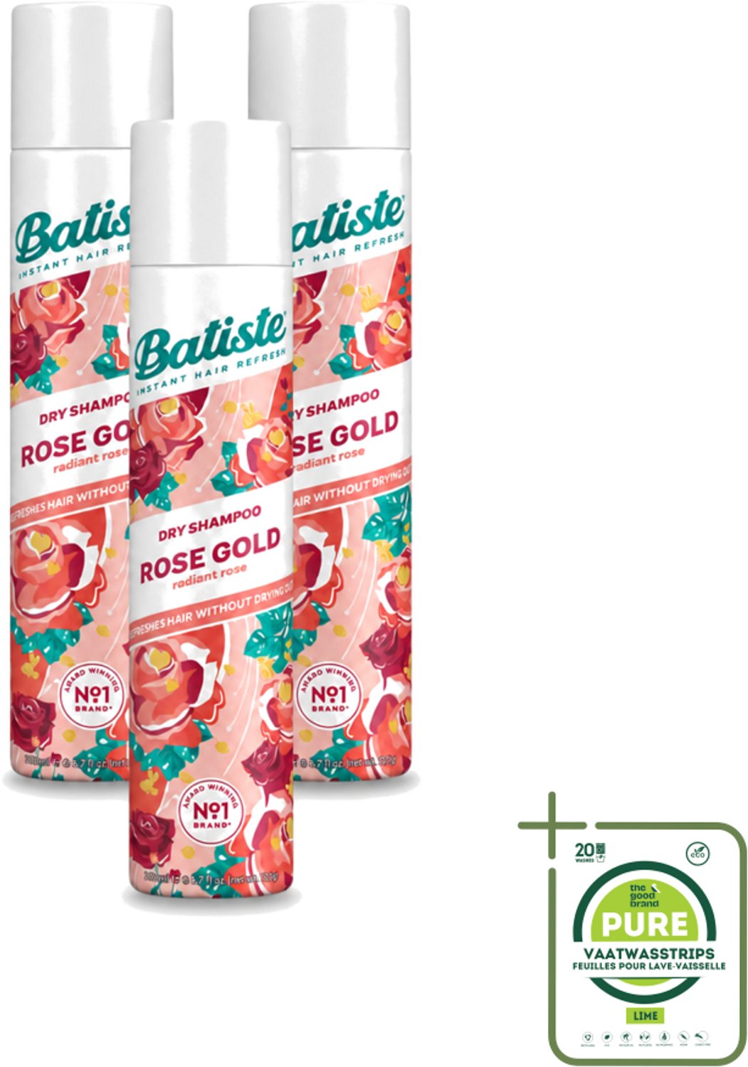3 x Batiste - Rose Gold - Droogshampoo - Zachte Rozengeur - Verfrist en Zorgt Voor Volume - 200ml - Grootverpakking - Vaatwasstrips - Droogshampoo - Haarverfrissing - Roze Geur - Volume Haar - Fris Haar