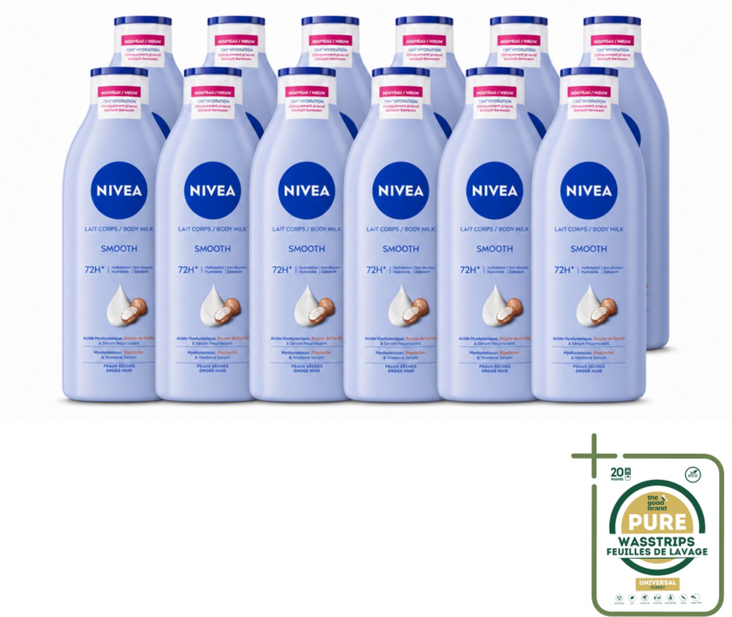 12 x Nivea - Smooth Body Milk - Sheaboter - 72 uur Hydratatie - Voor Droge Huid - 400 ml - Wasstrips - Droge Huid Verzorging - Hydratatie - Zijdezachte Huid - Sheaboter - Hyaluronzuur