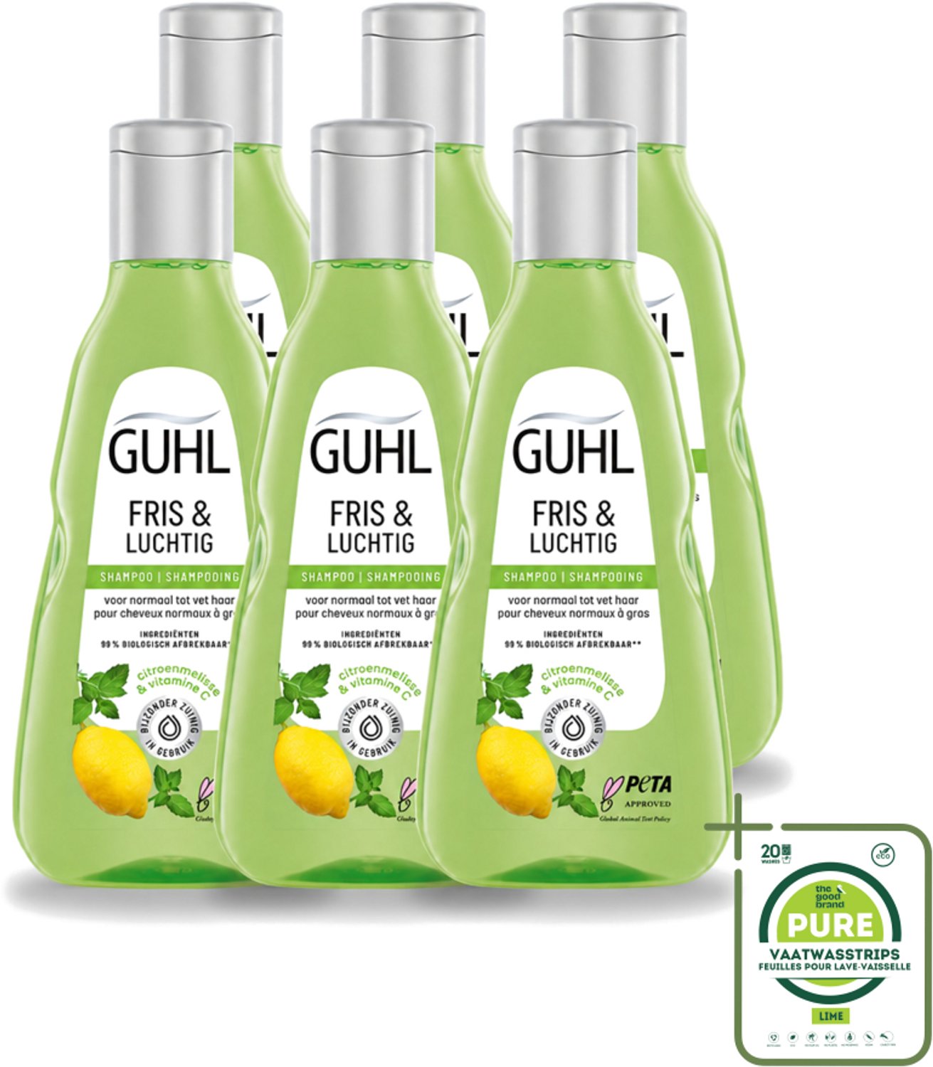 6 x Guhl - Shampoo - Fris & Luchtig - 250 ml - Grootverpakking - Vaatwasstrips - Fris Haar - Luchtig Haar - Vet Haar - Verfrissend Haar - Talgverwijderend Shampoo
