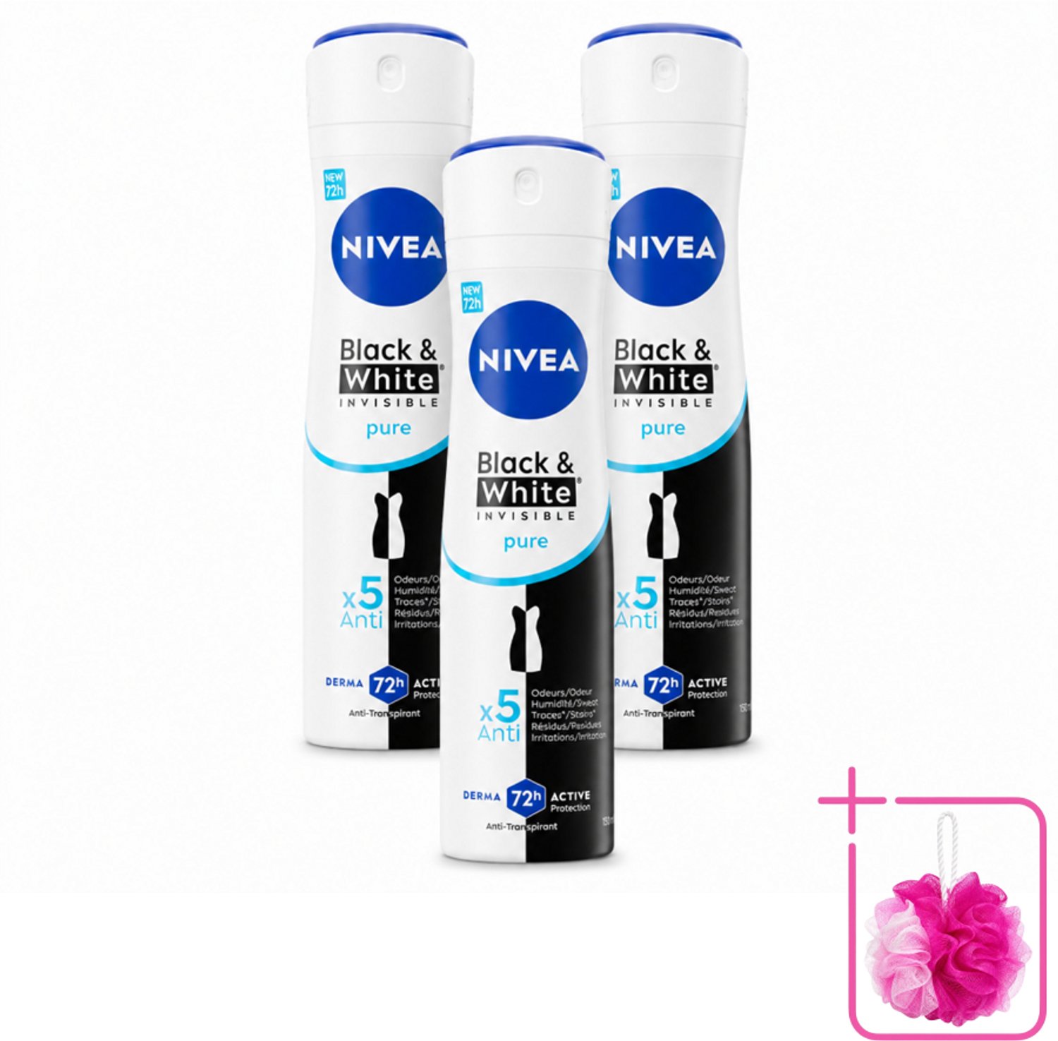 3 x NIVEA – Deodorant Spray – Black & White Invisible Pure – 150 ml - Bulkverpakking - Deodorant spray - Onzichtbare deodorant