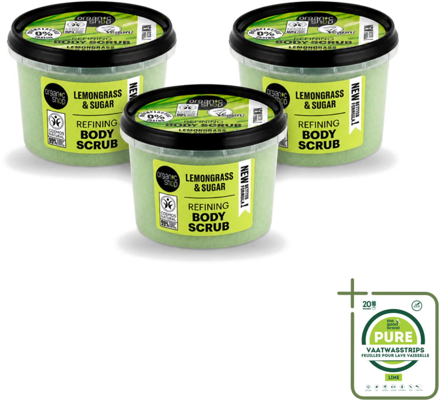 3 x Organic Shop - Body Scrub Lemongrass - Verfrissend en Verzorgend - 250 ml - Grootverpakking - Vaatwasstrips - Bodyscrub - Exfoliatie - Huidverzorging - Citroengrasolie - Suiker Scrub