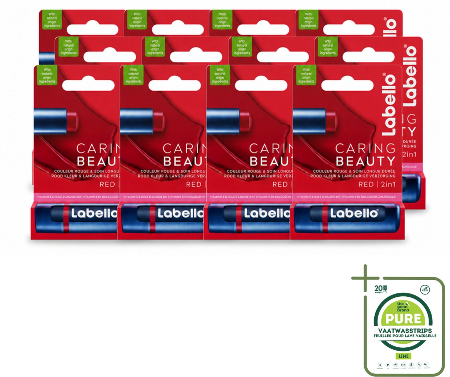 12 x Labello –Lippenbalsem – Caring Beauty Red – 5,5 ml - Grootverpakking - Vaatwasstrips - Lippenbalsem - Verzorging - Rode Tint - Hydraatatie - Natuurlijke Oliën