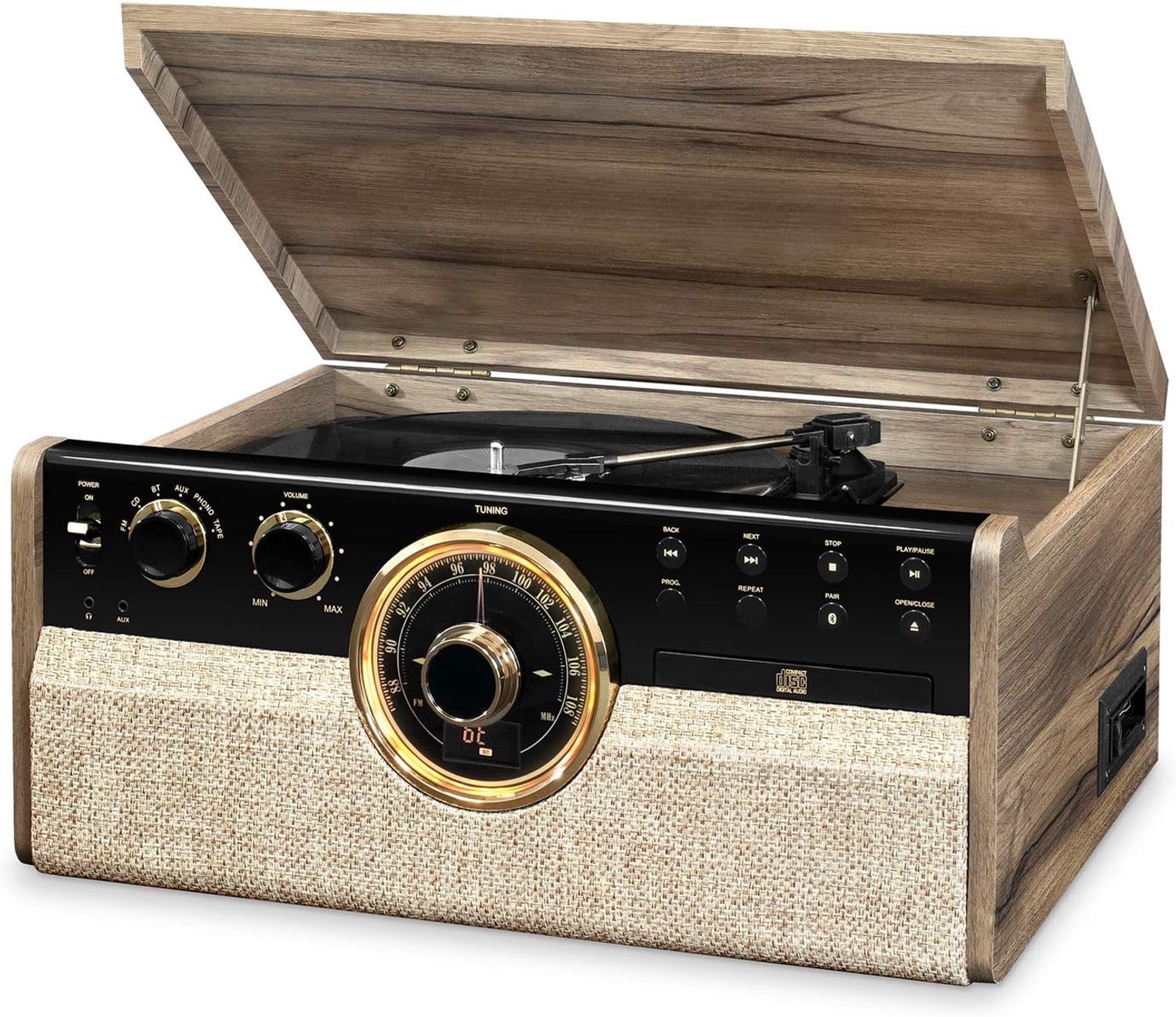 QEVA Platenspeler met CD Speler - Platenspeler - Vinyl Speler - Okkernoot - 52cm x 47cm x 27cm
