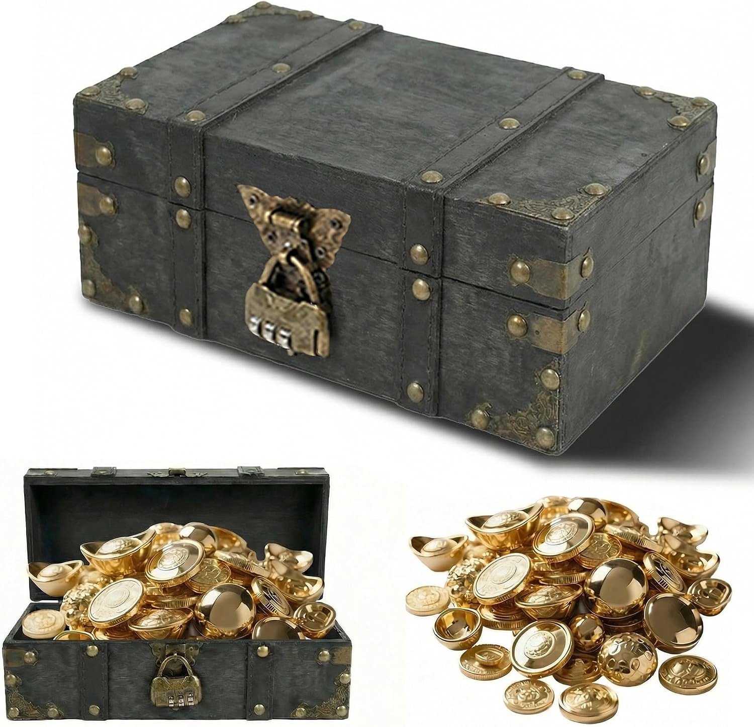 Vintage Houten Opbergdoos met Combinatieslot - 24 x 17 x 9,5 cm - Decoratieve Box voor Sieraden en Spullen