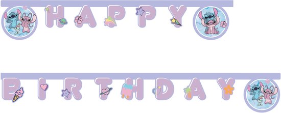 Lila Happy Birthday slinger met afbeeldingen van Stitch en Angel, versierd met sterren, planeten en ijsjes.