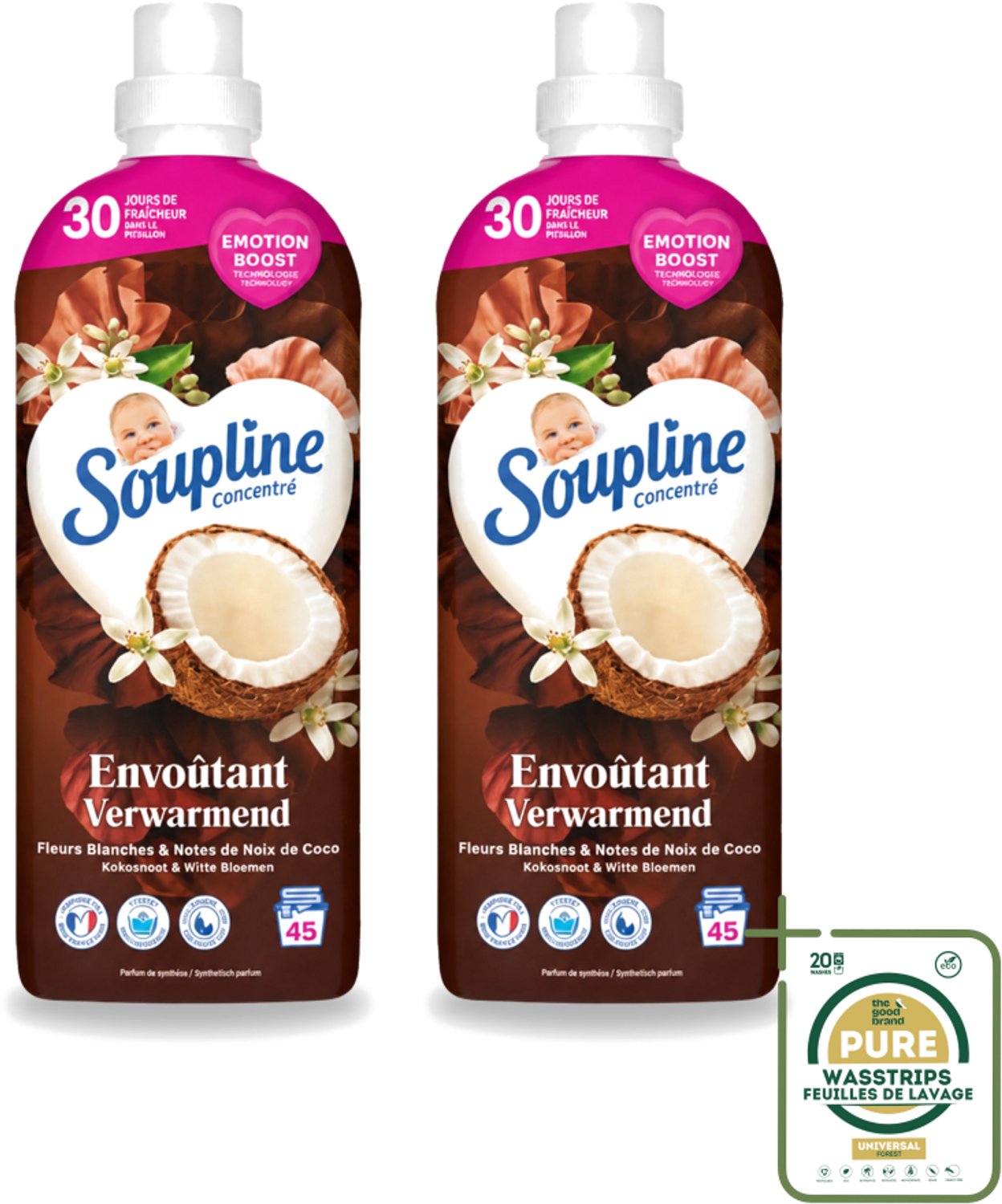 2 x Soupline – Wasverzachter – Verwarmende Kokosnoot & Witte Bloemen – 950 ml - Wasstrips - Wasverzachter - Kokosnoot - Witte Bloemen - Warme Geur - Wasgoed