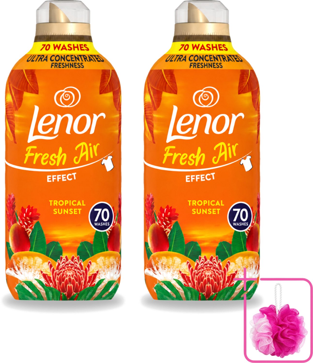 2 x Lenor – Wasverzachter – Tropical Sunset – 70 Wasbeurten – 980 ml - Bulkverpakking - Wasverzachter - Douchemop - Frisse geur