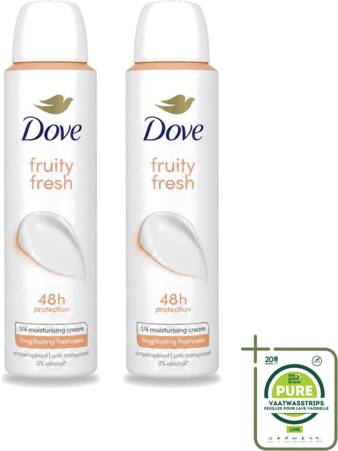 2 x Dove – Deodorant Spray – Fruity Fresh – 200 ml - Grootverpakking - Vaatwasstrips - Anti-transpirant Spray - Zweetgeur - Okselgeur - Fris - Fruitig