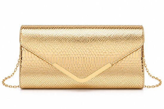 Gouden clutch met slangenprint, V-detail en een verfijnde schouderketting.