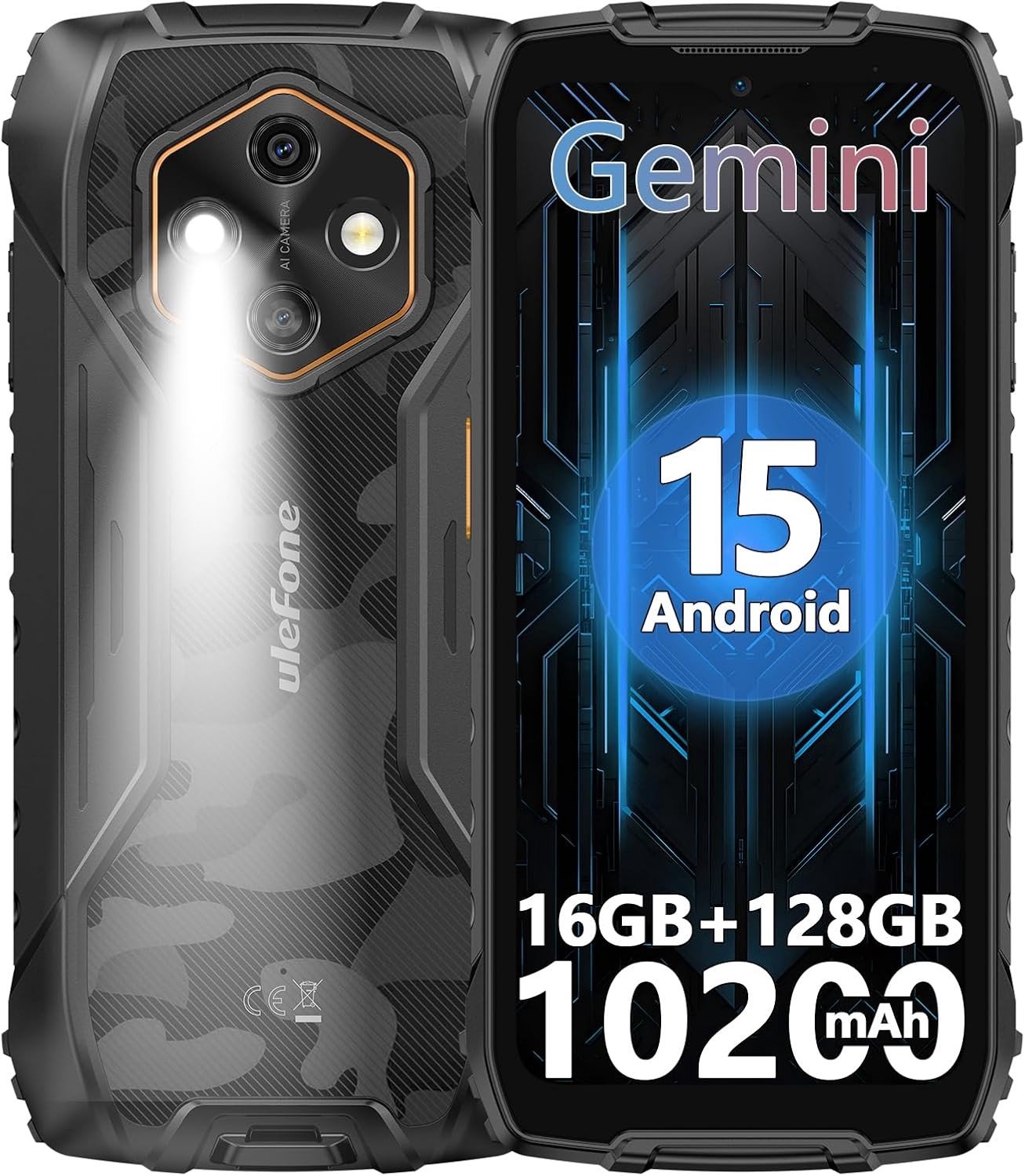 Robuuste Outdoor Smartphone met 10200mAh Batterij, 16GB RAM, 128GB Opslag en 48MP Camera, Waterdicht en Schokbestendig met Super Torch en 120Hz Scherm